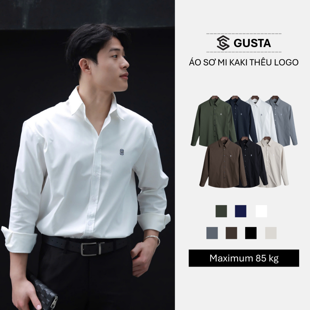Áo Sơ Mi Nam Gusta Kaki Dáng Suông Logo Chữ G Cao Cấp Cổ Đức Lịch Lãm SM57