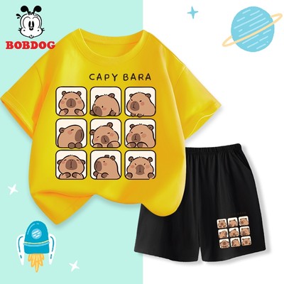 Đồ bộ bé trai BOBDOG, áo cộc quần thun cotton mỏng nhẹ in hình CAPYBARA cute cho bé CD-KS46