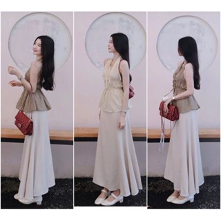  Sét váy nữ thanh lịch nàng thơ sét áo mango cổ yếm nhún eo cột nơ họa tiết phối chân váy tuyết mưa dáng dài đuôi cá xòe 