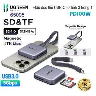 Đầu đọc thẻ usb-c từ tính 3 trong 1 ugreen 65095 magflow tf/sd4.0 312mb/giây,pd100w 50541 cm180