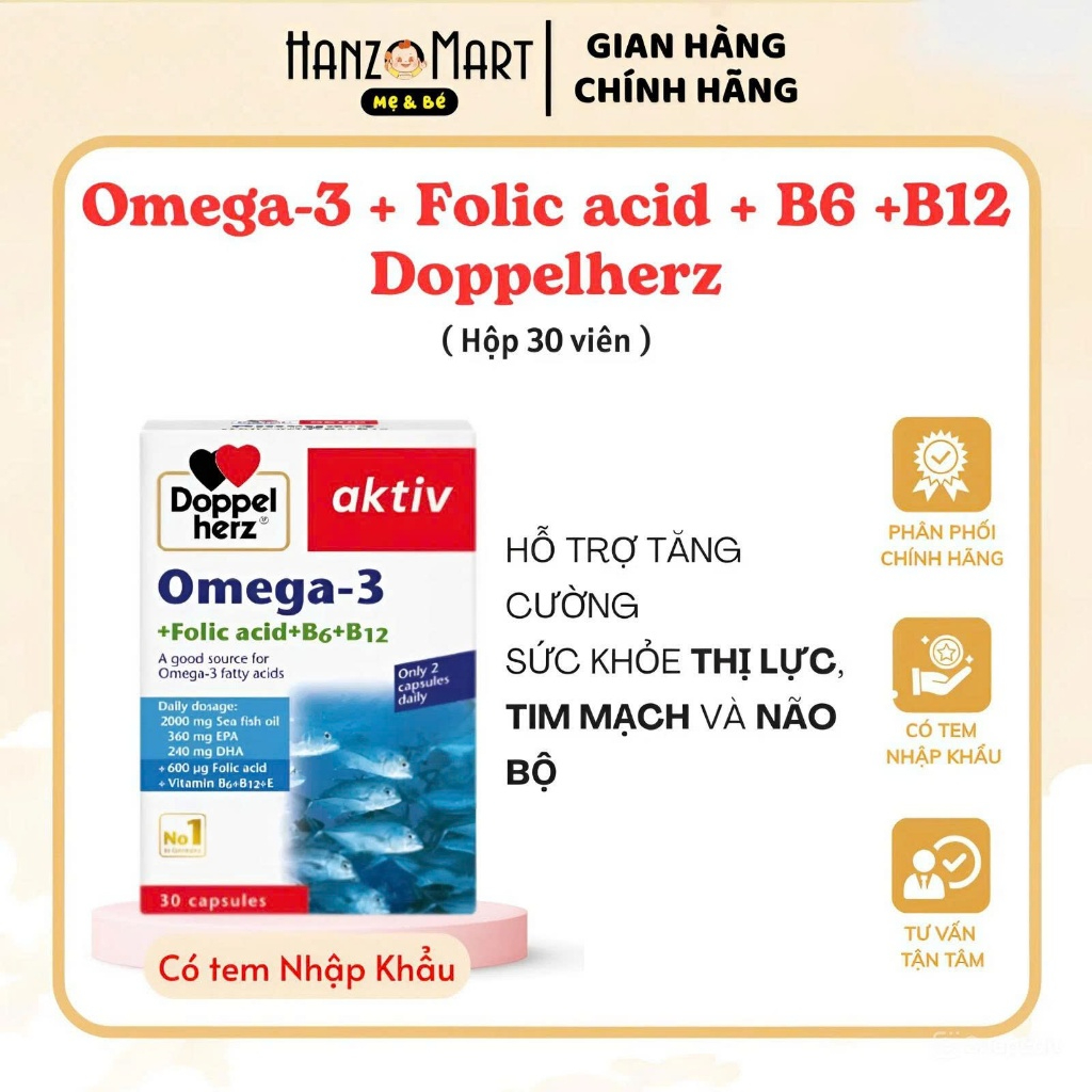 Viên dầu cá Doppelherz Omega 3 + Folic acid + B6 + B12 hỗ trợ tăng cường thị lực, tim mạch và não bộ