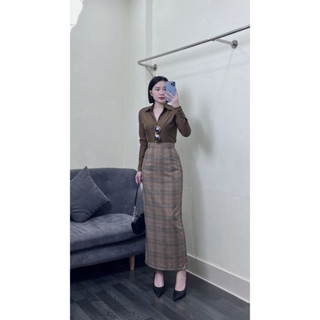    V06 SỌC  Chân váy sọc caro suông dài lưng cao có túi dài 90cm SUONGG 