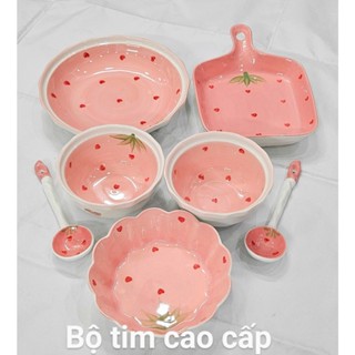 Bộ Bát Đĩa Gốm Sứ 7 món Cao Cấp Pastel Họa Tiết Trái Tim – Bộ bát xinh xắn Dùng Được Lò Vi Sóng L130 