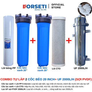 Bộ Lọc Tổng Sinh Hoạt Đầu Nguồn tự lắp gồm 2 cốc béo 20inch lõi PP CTO và Siêu lọc UF công suất lọc 2000L H và 3000L H 