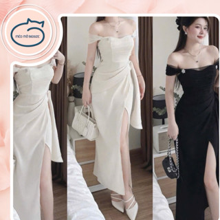  Đầm thiết kế trễ vai đính tag đá dáng dài xẻ tà Mèo Mỡ Bigsize 60–90kg – Sang trọng tôn dáng dự tiệc 