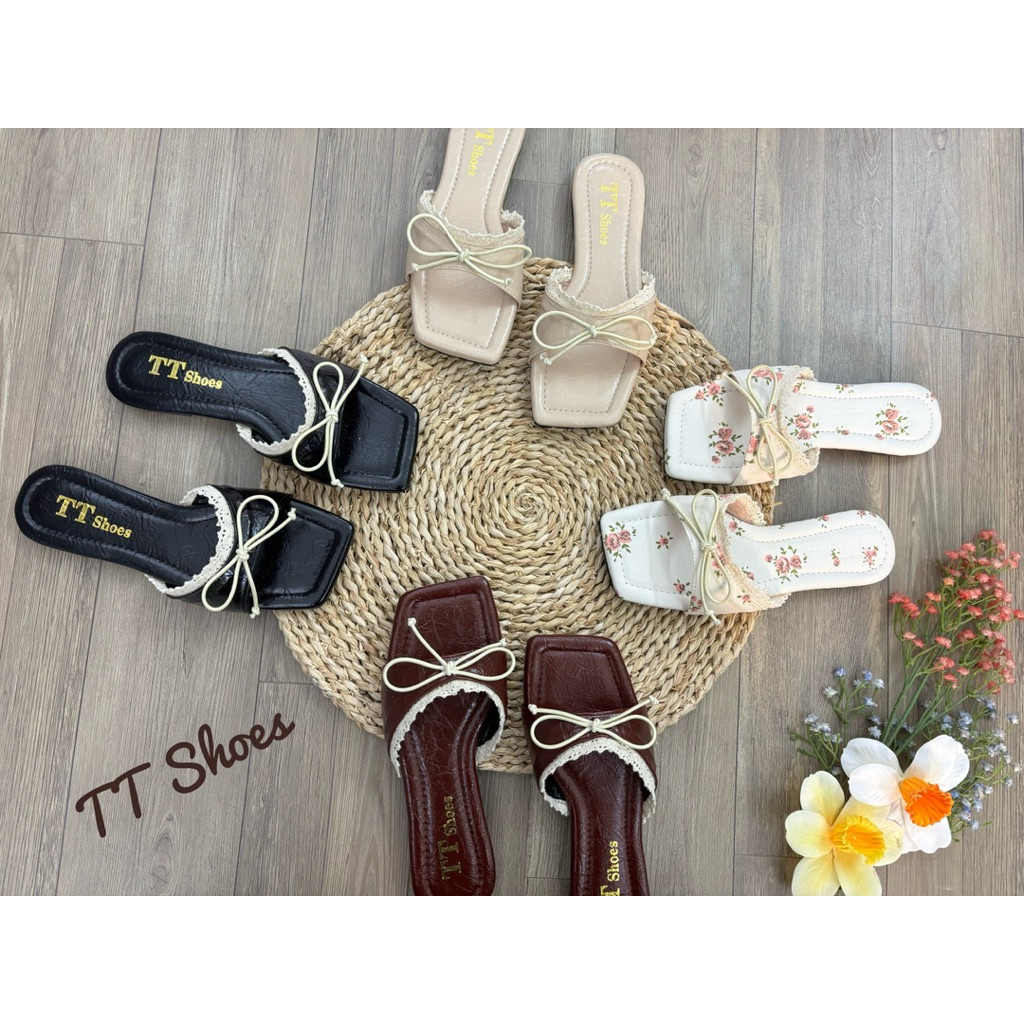 Dép lê nữ phối ren đính nơ da nhăn xinh xắn TT Shoes duongrenno