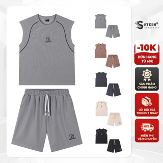 Bộ ba lỗ thể thao Nam SATEDO áo tank top, quần short, vải Cotton Waffle, thoáng mát với hình thêu nổi bật, mã SP: S039
