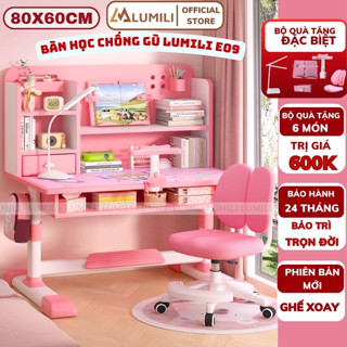 [Mới 2025] Bàn ghế chống gù Lumili E09, bàn học sinh cho bé nâng hạ độ cao, kèm kệ sách thông minh