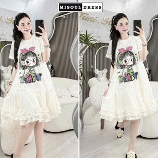  Đầm váy bầu tiểu thư dự tiệc cưới mùa hè dáng suông dài chất cotton phối ren tầng điệu đà in hình cô gái nơ hồng X450 
