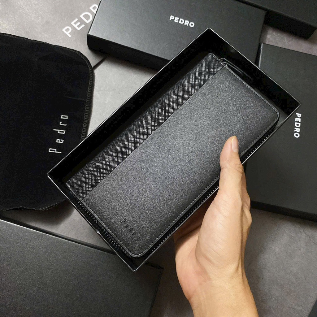 Ví Nam Cầm Tay Dài Có Khoá Kéo- full đen Hai Sọc Da Pedro ( Đầy đủ hộp và túi giấy)