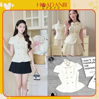 Áo Thiết Kể Cổ Sen Đính Nơ 2 Hàng Cúc Tay Hến Chiết Ly Eo Sang Chảnh. Áo peplum Cổ Sen Tiểu thư