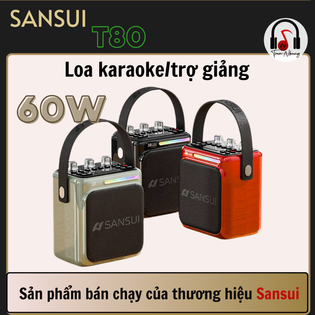 Loa Bluetooth Di Động SANSUI T80, Loa Trợ Giảng, Bass Mạnh, Công Suất 60W, Loa Karaoke Mini