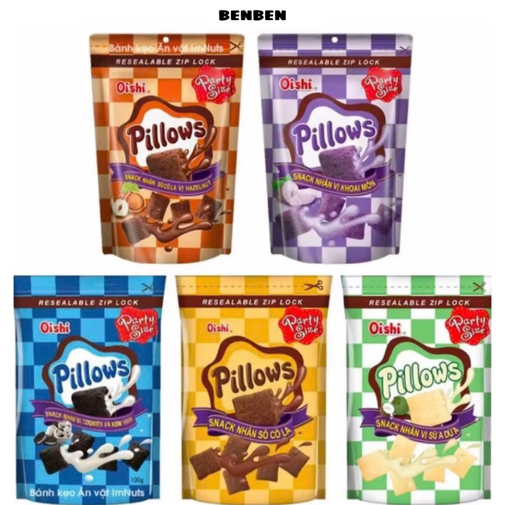 Snack Pillows Oishi nhân sữa dừa/socola/kem vani, Bánh snack nhân kem Oishi ăn liền đồ ăn vặt tuổi t