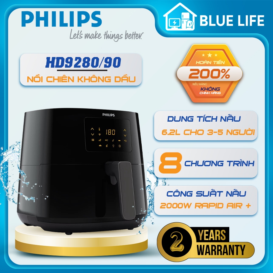 Nồi Chiên Không Dầu Philips HD9280/90, Kết Nối Wifi - 6.2Lit/2000W, Bảo Hành Chính Hãng