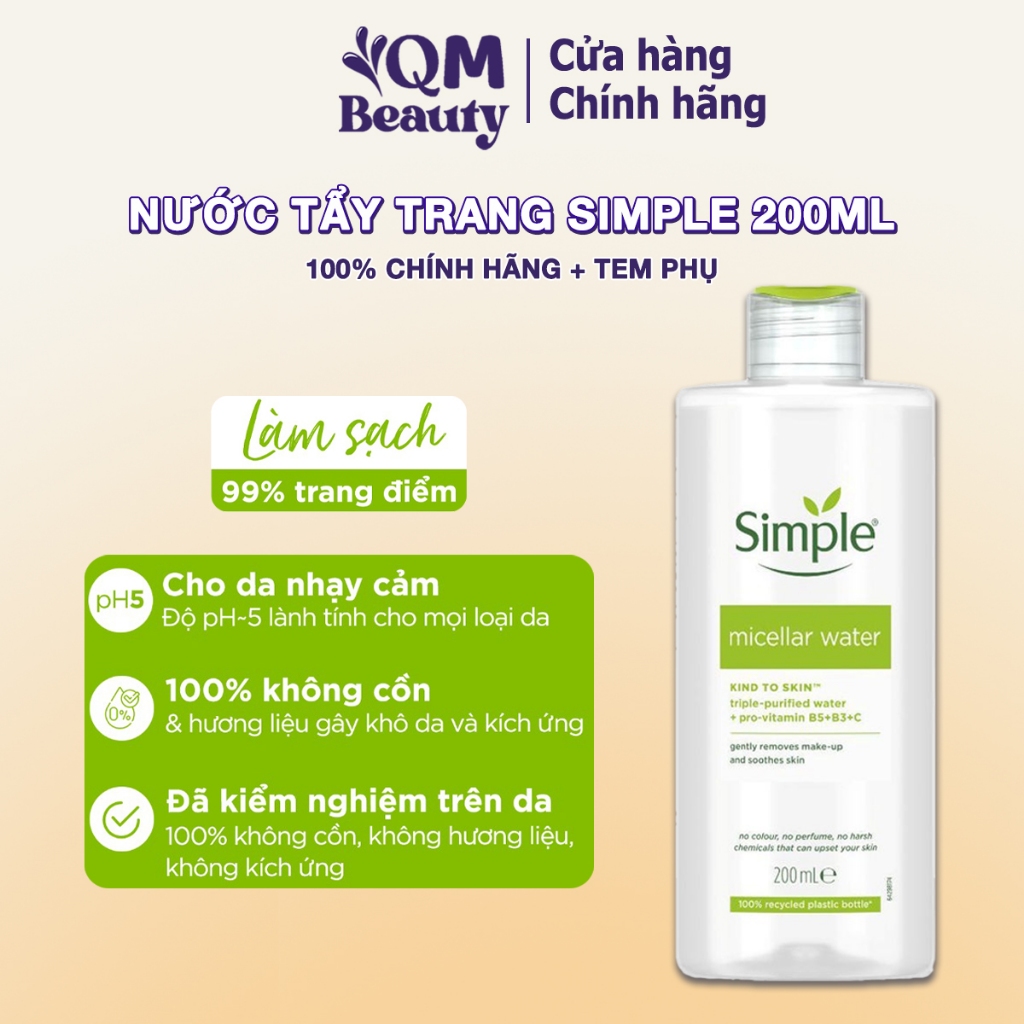 Nước tẩy trang Simple Micellar Cleansing Water dành cho mọi loại da mẫu mới 200ml
