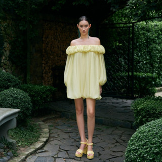  RANDOMLIST - Đầm trễ vai tay phồng bèo nhún thanh lịch  Vàng Pastel  