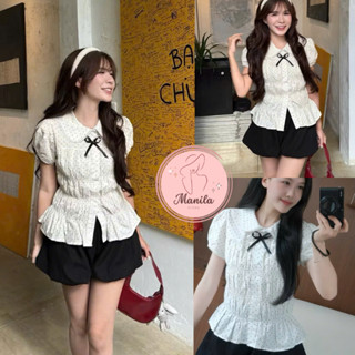  Set áo sơ mi chấm bi cổ sen phối nhún kèm quần sooc dáng bí bộ áo kiểu cộc tay nhún thân phối quần đùi bí -MB279 MANILA 