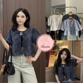  Áo babydoll nữ kẻ cộc tay thắt nơ xinh xăn áo sơ mi nữ tay bồng buộc nơ dễ thương kèm áo 2 dây- MA104 MANILA 
