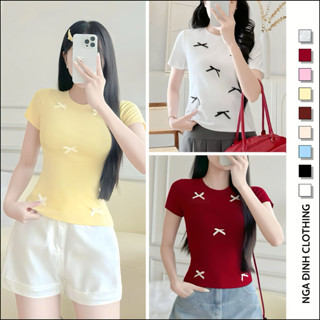 Áo thun nữ ôm body đính nơ cute NGA ĐINH CLOTHING  chất cotton mềm mịn 