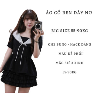 Áo Big Size Cổ Ren Dây Nơ Nữ – Form Rộng Che Bụng, Hack Dáng, 55-90kg