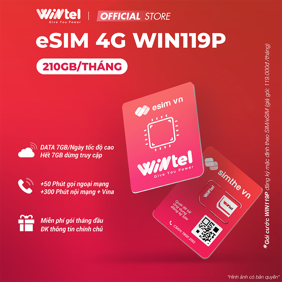 [NHẬN ESIM NHANH 30P] ESIM WINTEL WIN119P 210GB/Tháng Data Tốc Độ Cao + 30P Gọi Ngoại Mạng + 300P Nộ