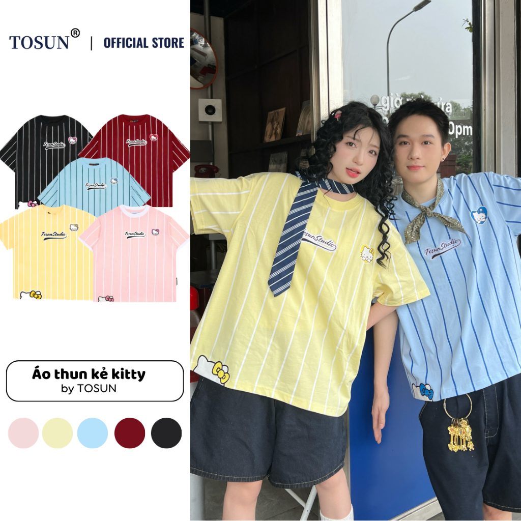Áo Thun Kẻ Nam Nữ Họa Tiết Kitty Thêu 𝐓𝐎𝐒𝐔𝐍 Basic Áo Phông Ngắn Tay Form Rộng T20