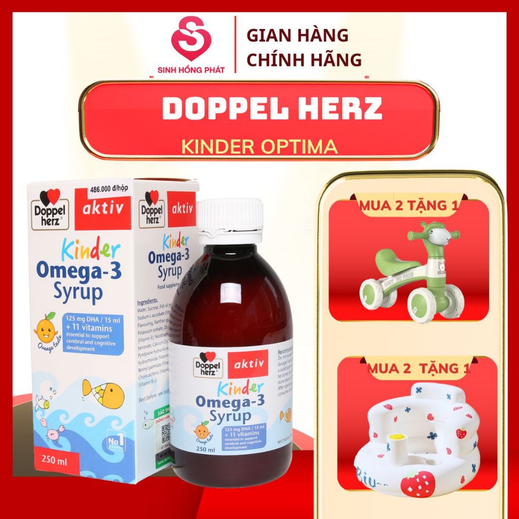 Combo 2 hộp Siro Doppelherz Aktiv Kinder Omega-3 Syrup - Bổ sung DHA cho bé giúp Bổ Não, Tăng Thị Lự