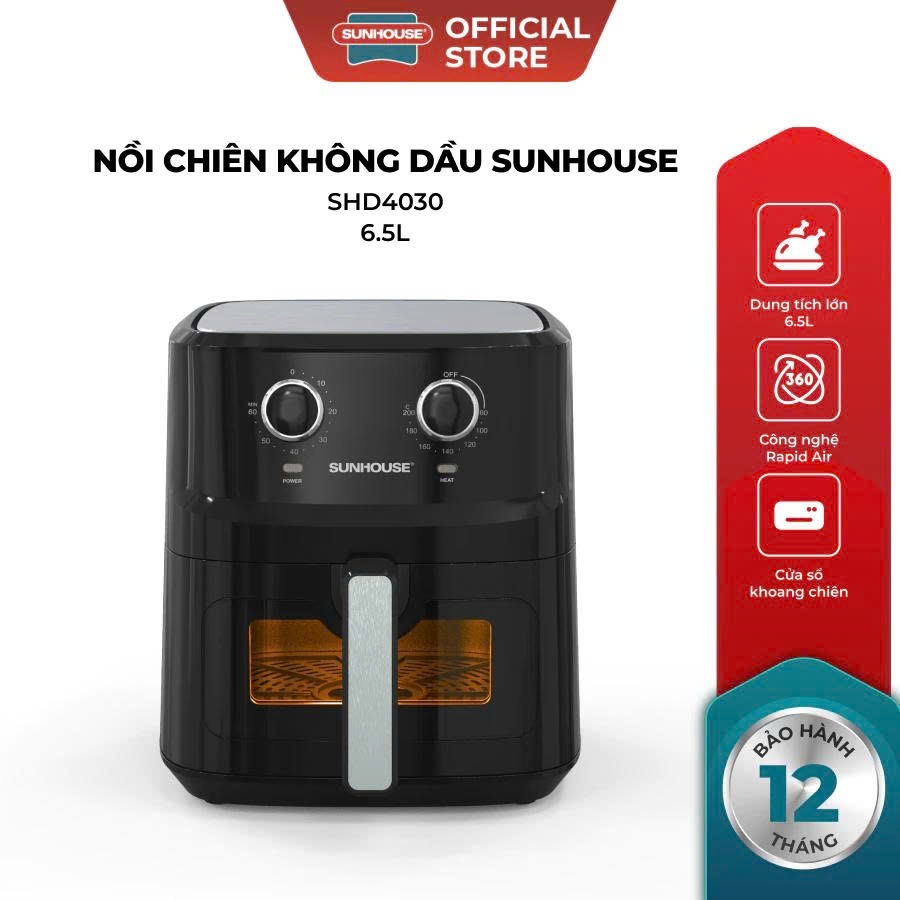 Nồi Chiên Không Dầu 6.5L Sunhouse SHD4030 - Cửa Sổ Khoang Chiên Trong Suốt - Bảo Hành 12 Tháng