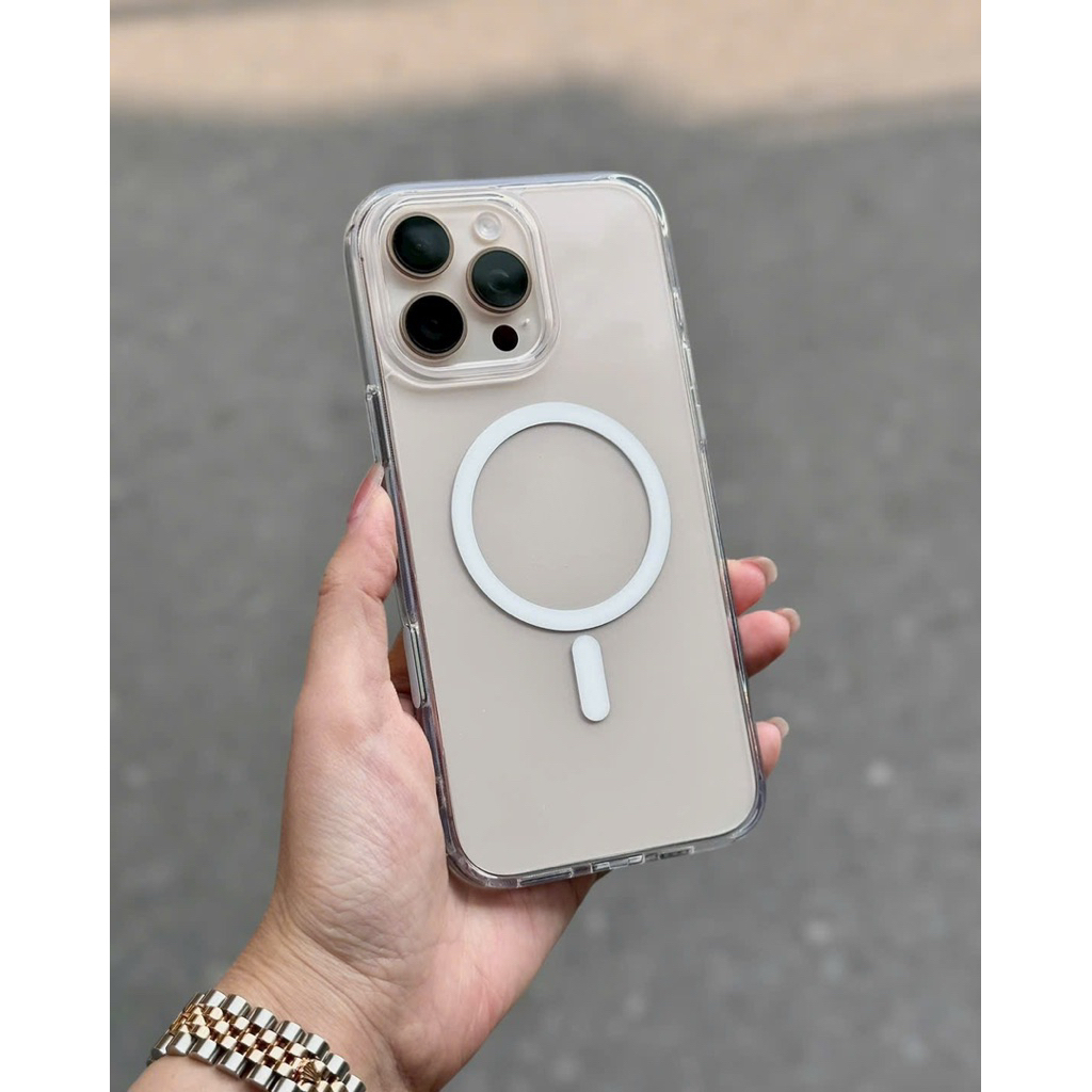 Ốp X&M lưng trong  suốt chống ố từ tính che nút control bên hồng dành cho Ip16/ ip16 pro/ ip1 6plus/