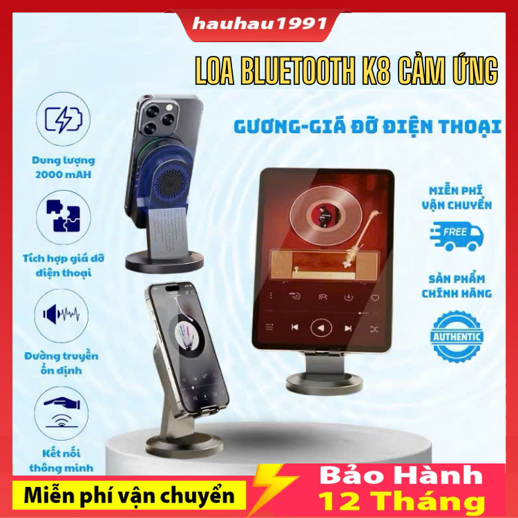 Loa K8 cảm ứng không dây (3in1) Giá đỡ điện thoại + Loa bluetooth + Gương Trang điểm