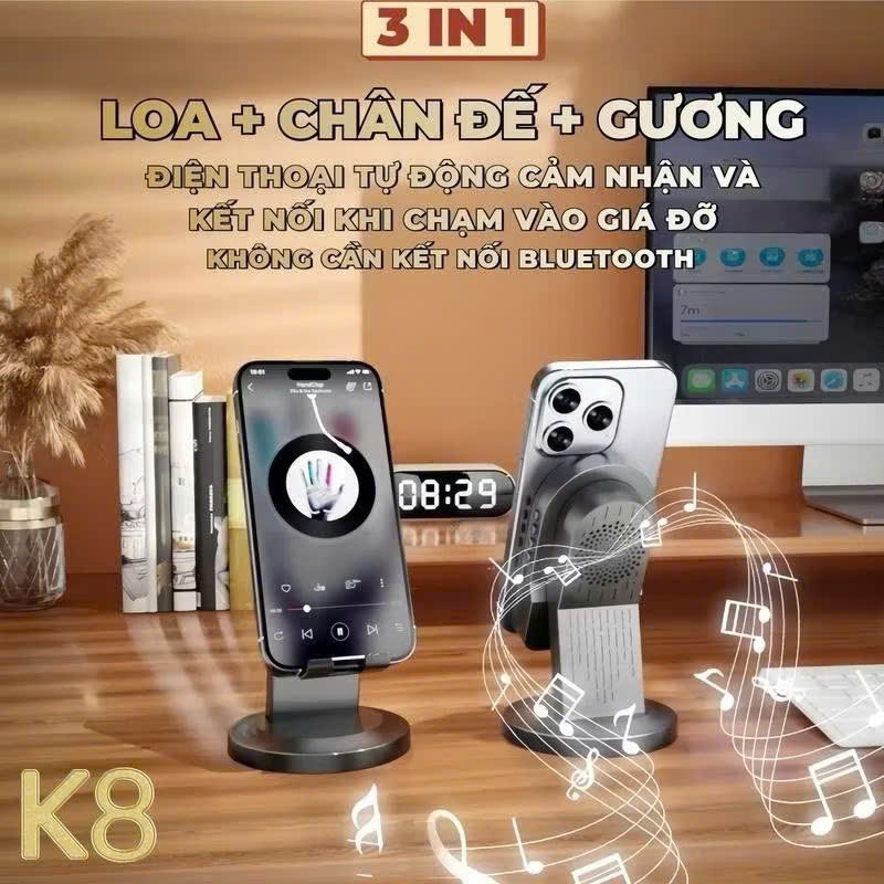Loa K8 cảm ứng không dây (3in1) Giá đỡ điện thoại + Loa bluetooth + Gương Trang điểm
