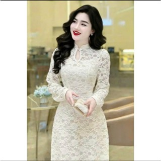  Đầm dự tiệc sang trọng thời trang nữ mặc đi chơi chất ren bông cổ tròn đính nút tay dài dáng váy chữ A kèm lót dài maxi 