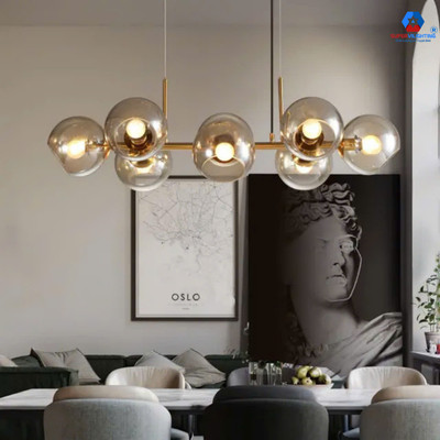 Đèn thả bàn ăn hiện đại SuperVilighting trang trí bếp kiểu thả trần mạ vàng gồm 8 bóng đèn cao cấp