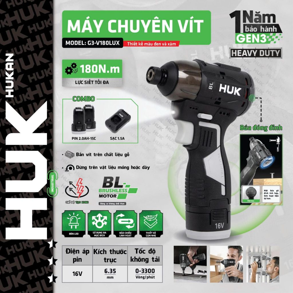 Bộ Máy chuyên vít búa (Gen 3) G3-V180LUX Hukan