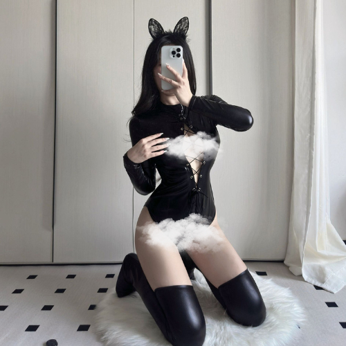 Bodysuit áo liền thân da bóng kéo khóa sexy đan dây ngực quyến rũ cho nữ
