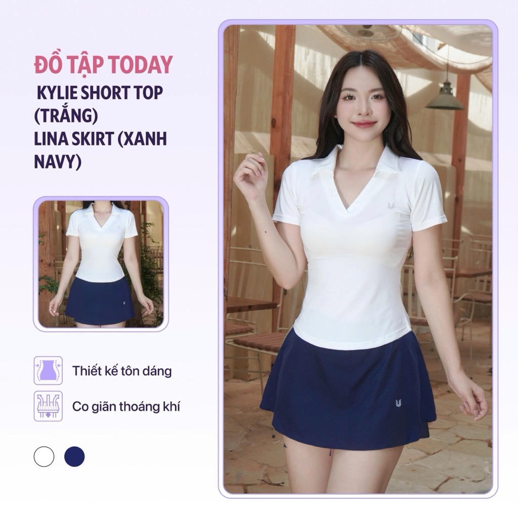 Set đồ thể thao nữ Kylie Short Top trắng mix chân váy Lina Skirt xanh navy Today U Wear năng động