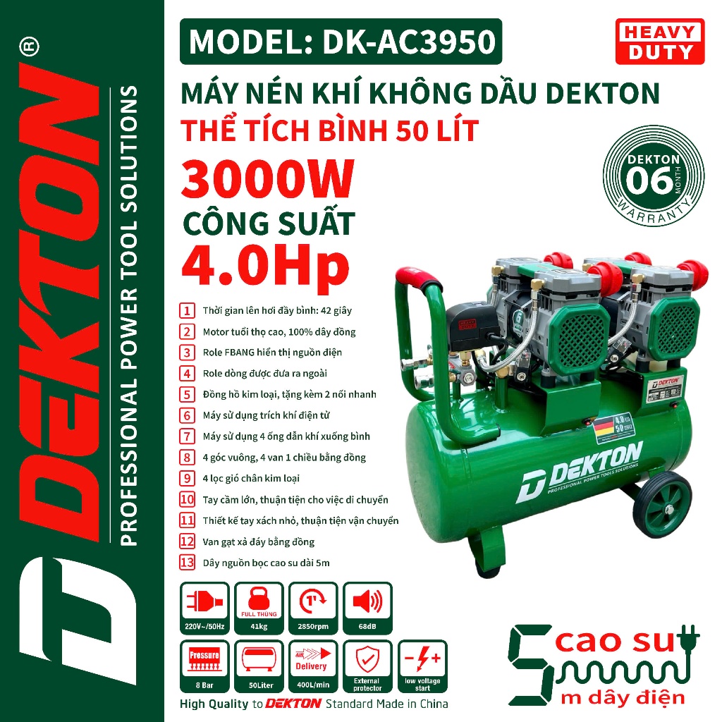 Máy Nén Khí 4HP/50L Dekton Khong Dầu / DK-AC3950 / 42 Giây Đầy Bình/50L