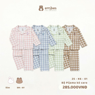 Bộ Pijama kẻ caro Embes 25-K6-01 cho bé trai bé gái. Bộ đồ ngủ dài tay mềm mát cho bé từ 8kg đến 18kg