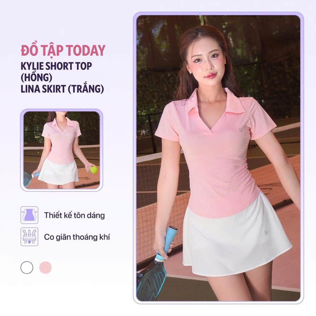 Set đồ thể thao nữ Kylie Short Top hồng mix chân váy Lina Skirt trắng Today U Wear tập pickleball