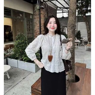 Áo sơ mi dài tay chất thô ren boi thêu cao cấp cổ phối bèo Maian áo tay bồng xếp ly vạt 2 bên họa tiết sang chảnh A5563