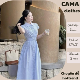  Váy nữ kẻ sọc xanh trắng dáng dài cổ sơ mi đầm nữ cao cấp tiểu thư sang chảnh HCOM26296 