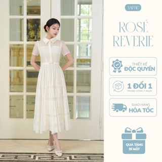 Váy Đầm Thiết Kế Nữ YAME Cổ Sơ Mi Tay Bồng Chiết Eo Xòe Dài Tơ Phối Ren Kem Thanh Lịch Sang Trọng Đi Tiệc - Grant YV655