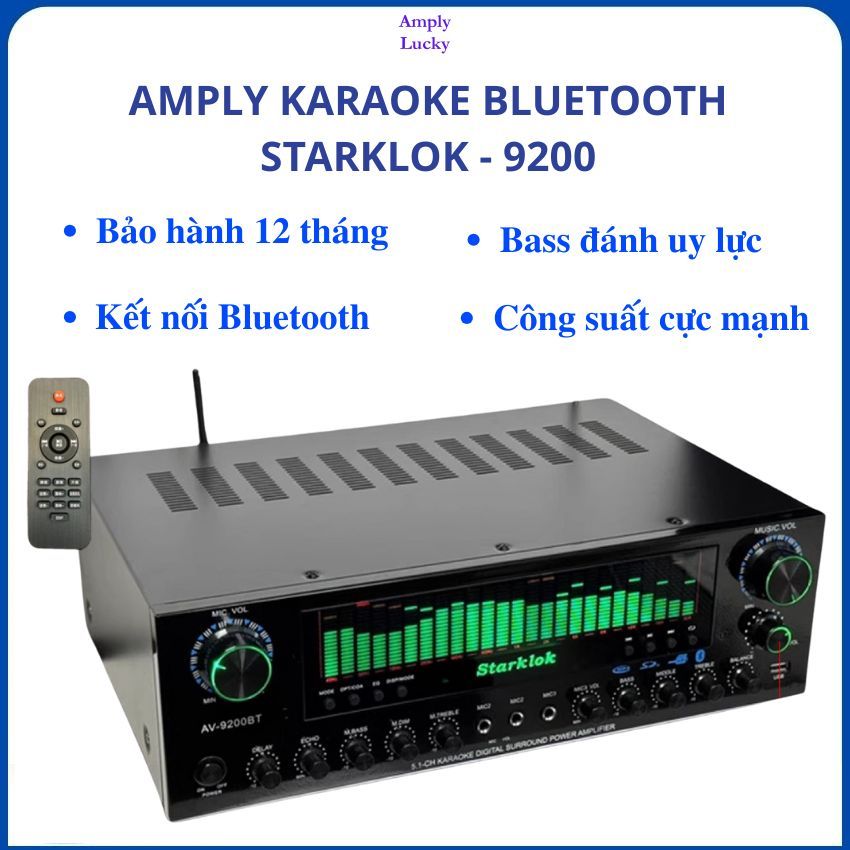 Amply karaoke gia đình. Âm ly Bluetooth Starklok 9200 BT. Âm ly 7.1 có cổng sub hơi. dùng loa bass 3