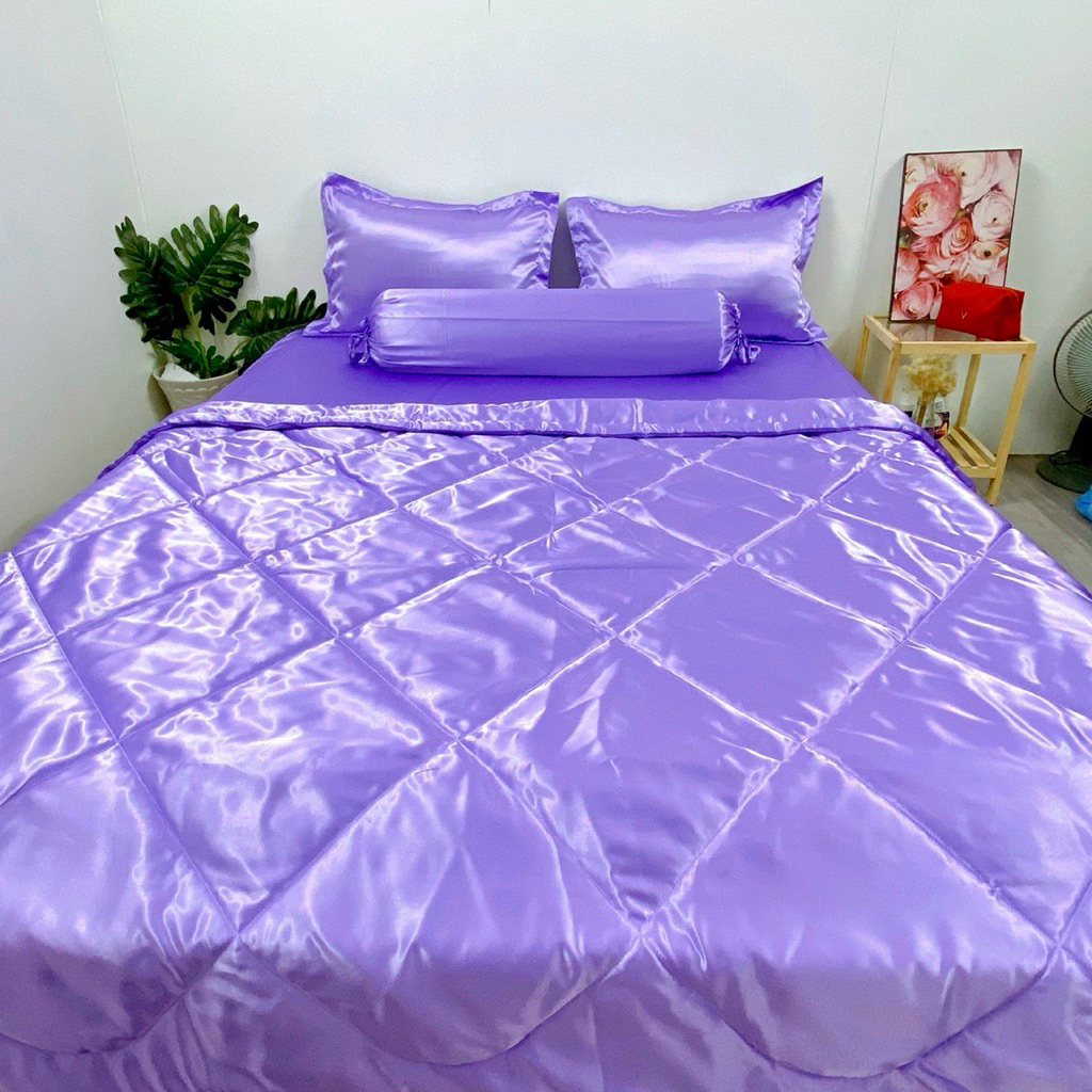 Bộ ga gối phi lụa 1.6mx2m , khổ vải 1.5m, nệm dày 15cm( hồng/ tím)