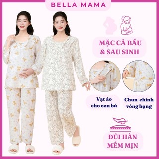 Bộ Bầu Mặc Nhà & Sau Sinh Bella Mama Chất Đũi Mềm Nhẹ Mịn Vạt Chéo Cho Con Bú Và Quần Chun Chỉnh Bụng - BN14