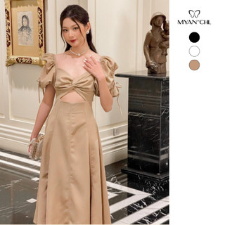 Váy Dự Tiệc MYAN DESIGN Dáng Dài Xoắn Ngực Cut-Out Eo Thân Tay Bồng Màu Trơn VVN092201