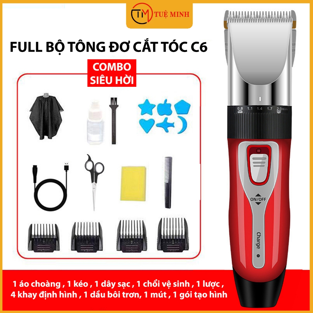 Tông đơ cắt tóc FULL BỘ C6, Thiết kế sắc nét, lưỡi dao hợp kim, 1 lần sạc dùng được 120 phút