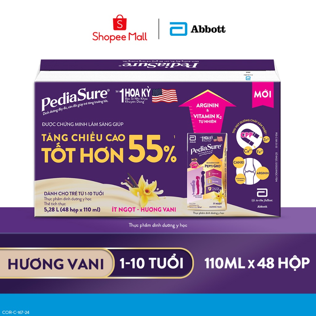 [KOL LIVE] Thùng 48 Hộp Sữa nước Pediasure Vani ít ngọt 110ml/hộp