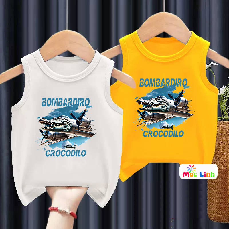 Áo Ba Lỗ Bé Trai In Hình Bombardiro-Crocodilo Áo Thun 3 Lỗ Cho Bé Vải Cotton Áo Tung Tung Cho Bé Tra