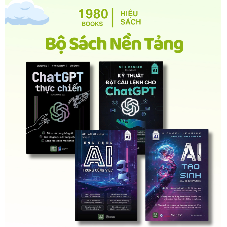 Sách - Combo 4 cuốn: ChatGPT Thực Chiến + Kỹ Thuật Đặt Câu Lệnh + Ứng dụng AI Trong Công Việt + AI T